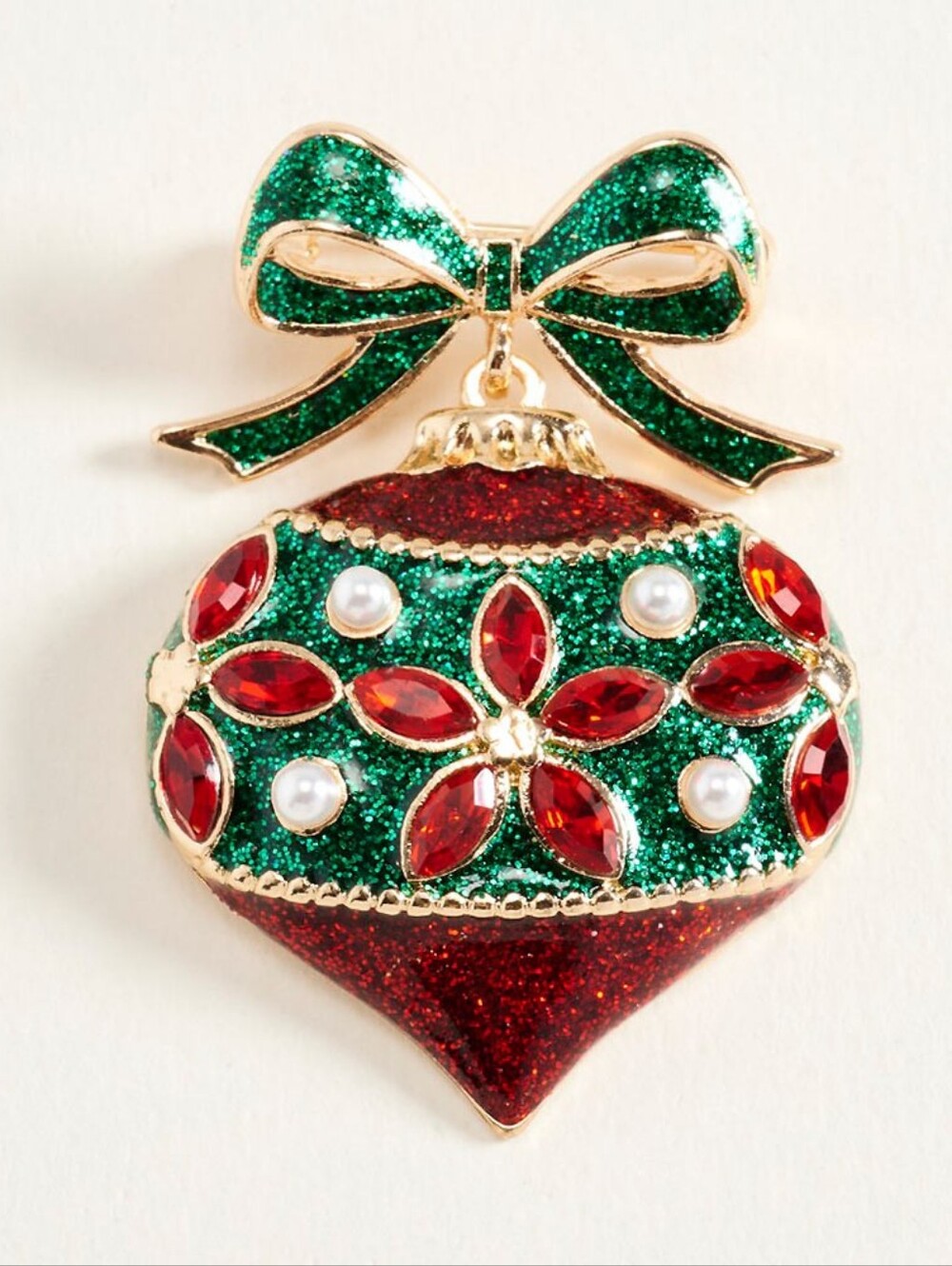 Christmas Bow Enamel Ornament Pin Brooch Red Green Gold